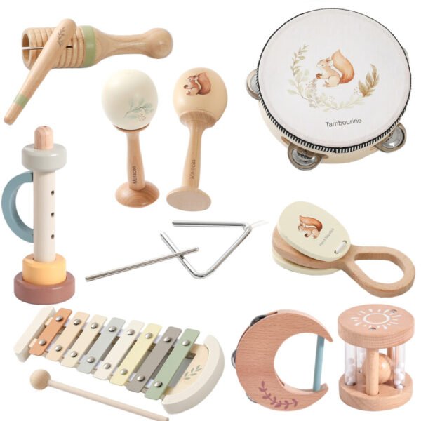 Baby Wooden Music Toy - Squirrel Maracas Drum Xylophone