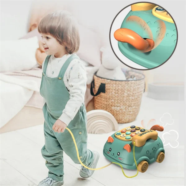 Light Music Baby Cartoon - Cat Shape Pull Wire Telephone Car Multi-fuctional Toy - Image 3