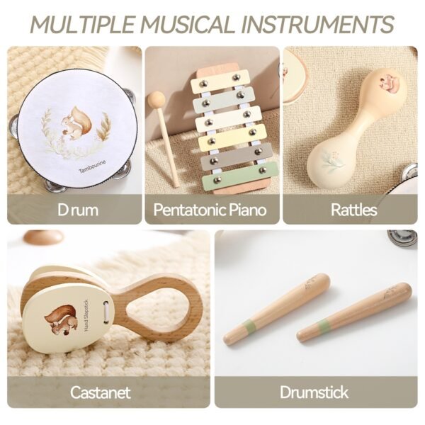Baby Wooden Music Toy - Squirrel Maracas Drum Xylophone - Image 2
